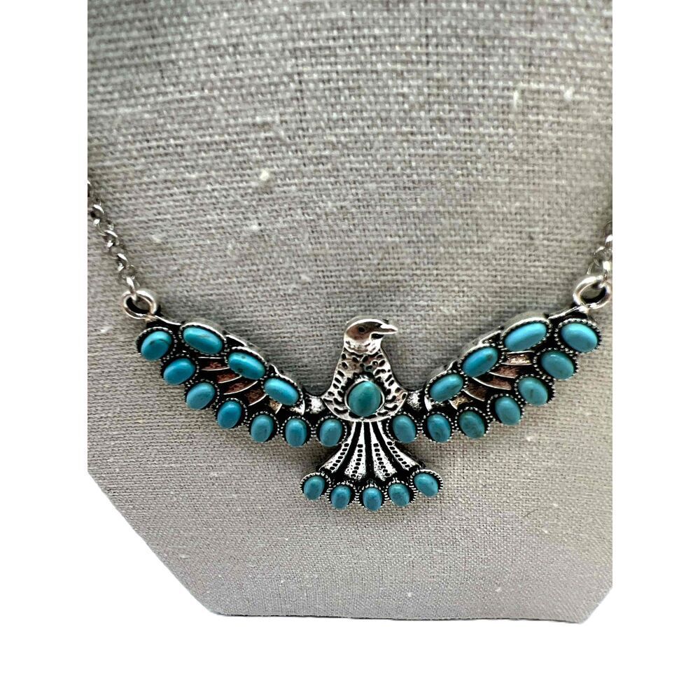 NEW Silver Faux Turquoise Phoenix Pendant Chain Necklace - Picture 3 of 11
